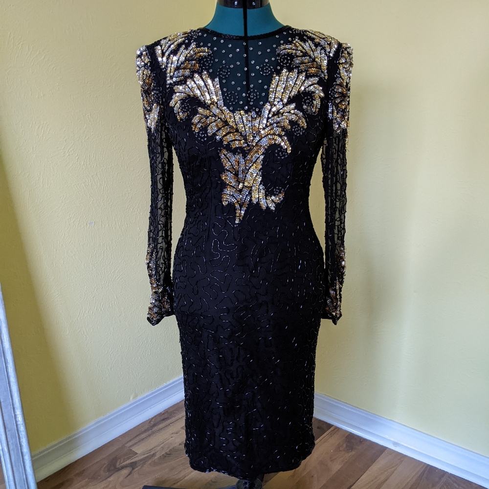 Vintage Lauren Kazar Gold and Black Sequin Cocktail Dress